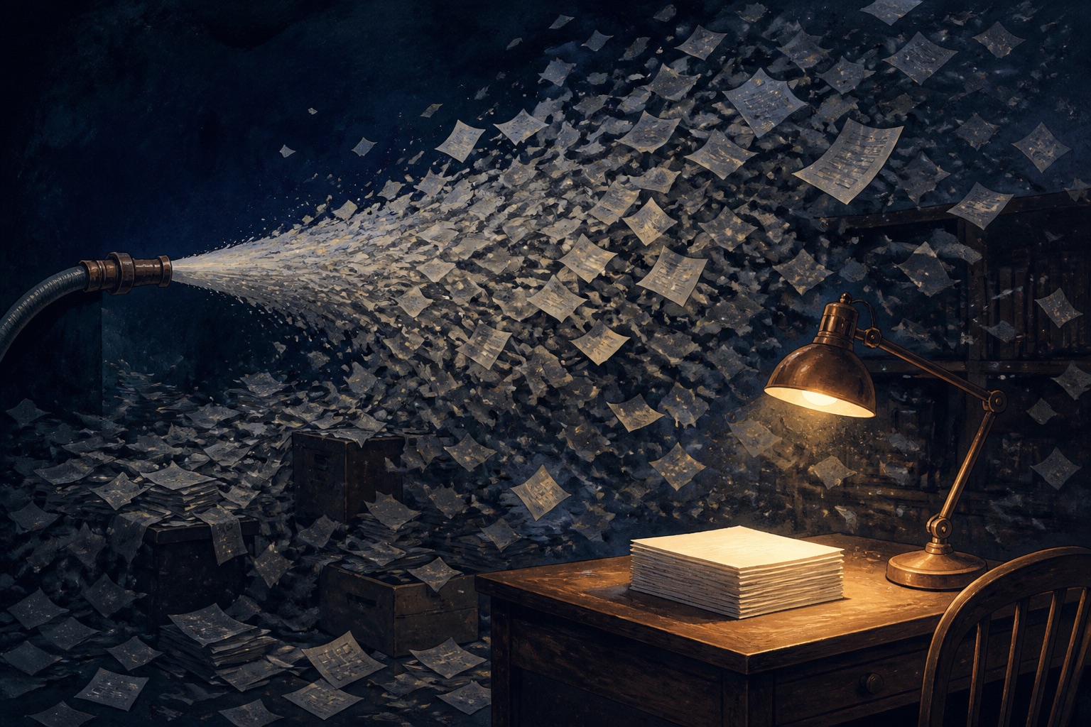 A dark room with a spray of gray paper scraps in the air, and a lamp-lit desk in the foreground holding one neat stack of pages.