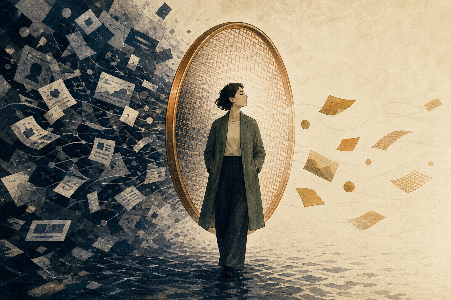 A calm figure standing in a river of chaotic paper scraps, with a copper mesh filter around them. Only a few chosen pieces pass through.