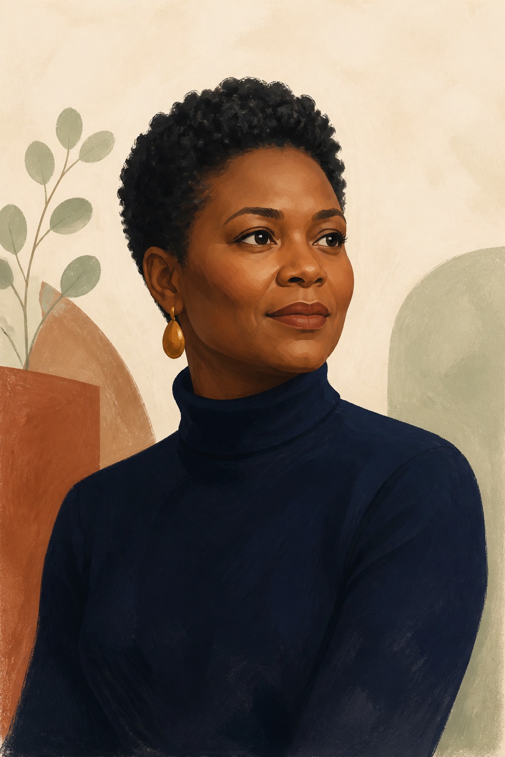 Illustrated portrait of a Black woman in a navy turtleneck, looking slightly aside with a calm, confident expression.