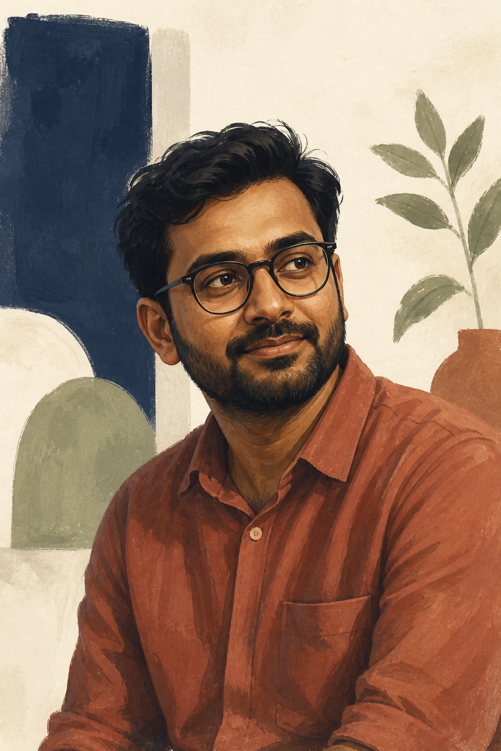 Illustrated portrait of a South Asian man with glasses and a short beard, wearing a rust-colored shirt.