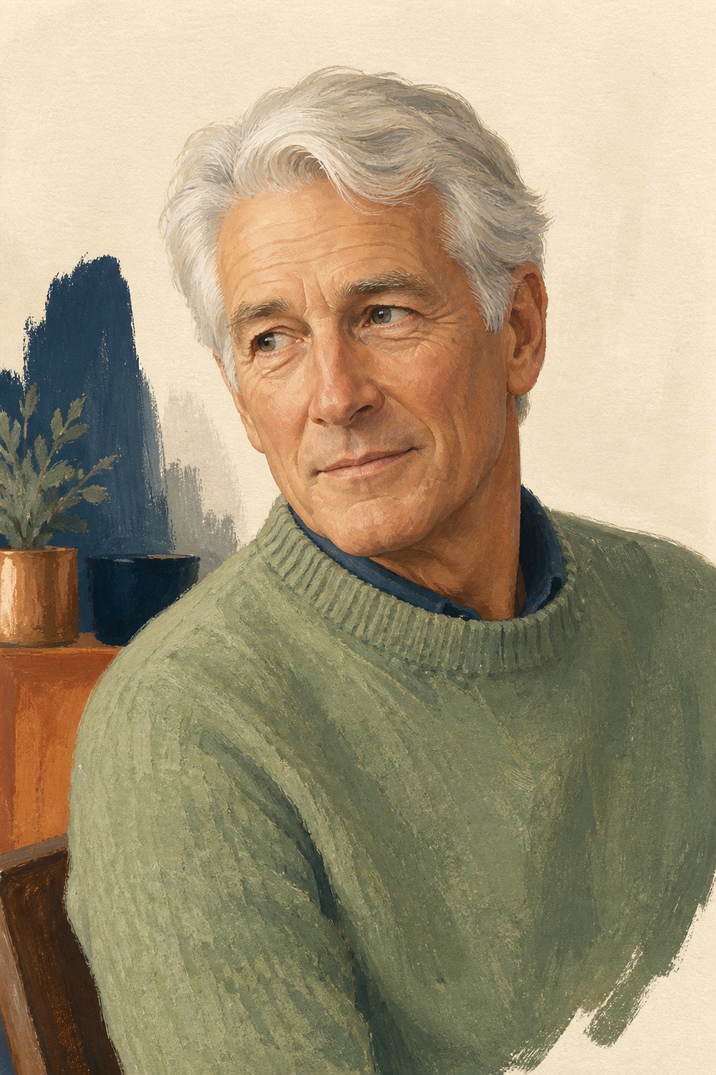 Illustrated portrait of an older man with silver hair in a sage knit sweater, with a quiet, attentive expression.