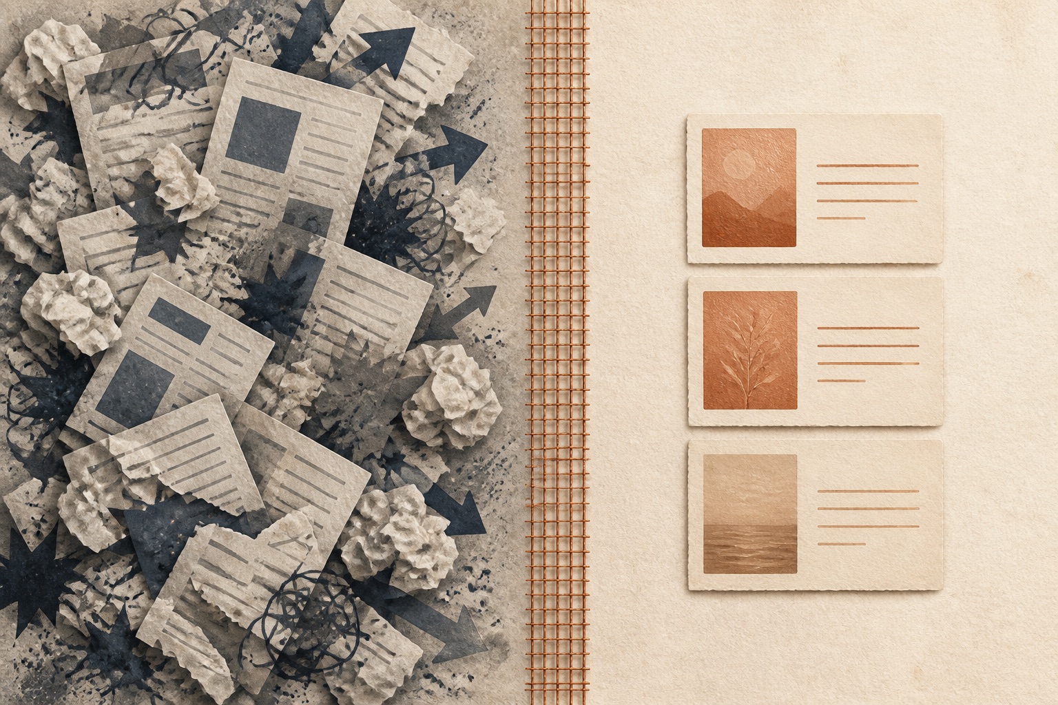 On the left, a chaotic pile of crumpled paper and news scraps. On the right, three calm, carefully chosen cards stacked in warm copper light, divided by a mesh line.