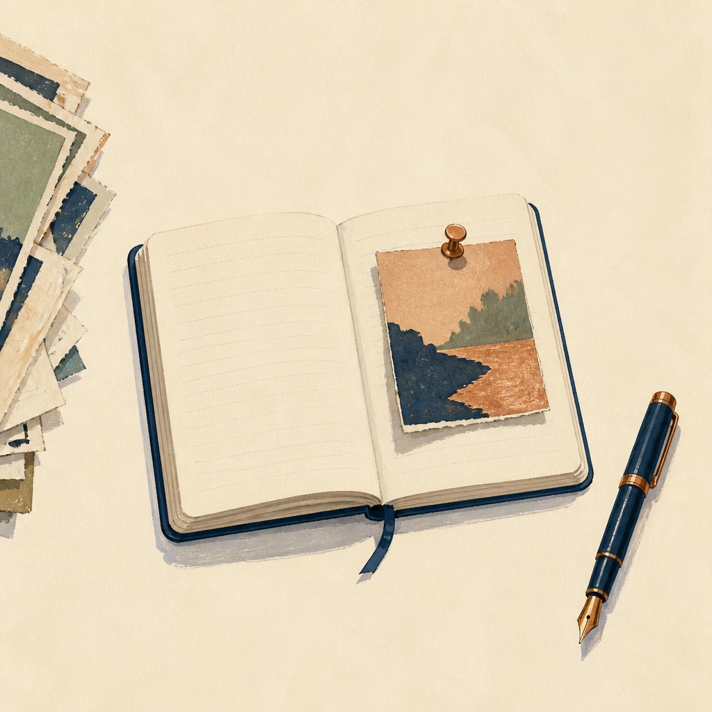 An open notebook with a fountain pen and one highlighted clipping on the page.