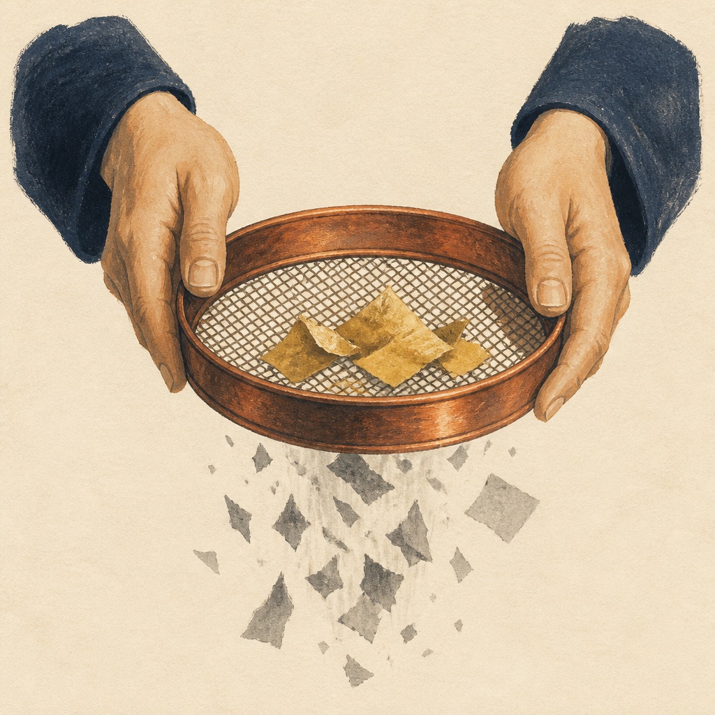 Hands holding a copper mesh sieve, keeping a few golden fragments while gray scraps fall away.
