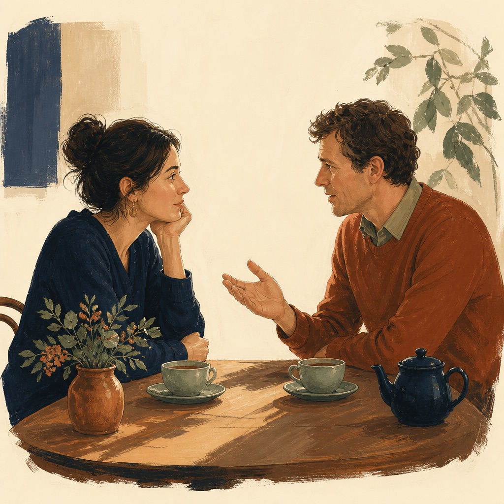 Two people talking across a wooden table over cups of tea.